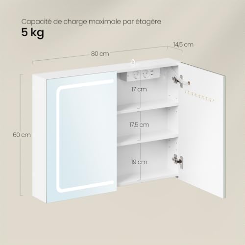 Eugad Badezimmerschrank mit LED-Spiegel und Touch Light - Weiß - 80 x 14,5 x 60 cm