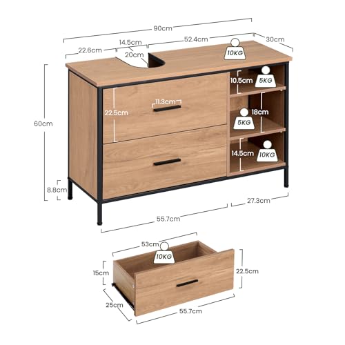 Eugad Badezimmerschrank mit 2 Schubladen und 3 offenen Fächern Eiche hell - Schwarz 90 x 30 x 60 cm