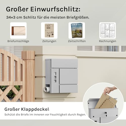 Woltu Briefkasten mit Zeitungsfach und Sichtfenster Grau 37 x 37 x 10,5 cm