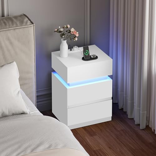 Woltu Nachttisch mit Steckdose und LED-Beleuchtung - Weiß - 40 x 35 x 55 cm - 2 Schubladen und 1 Ablagefach - Modern und multifunktional