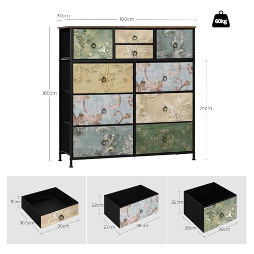 Woltu Kommode mit 10 Schubladen Vintage-Blumenmotiv - Braun - 100 x 100 x 30 cm