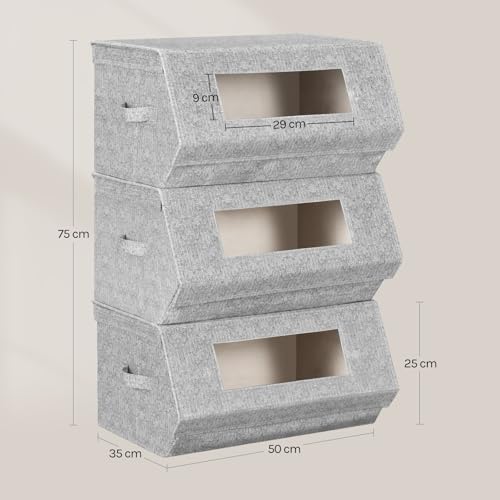 Woltu Stapelbare Aufbewahrungsboxen mit Deckel Grau und Beige 50x25x35 cm 3er Set
