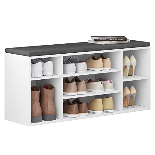 Woltu Schuhbank mit 7 Fächern - Holzschuhregal mit Sitz und Kissen - Weiß mit Grau - 103,5 x 48 x 30 cm
