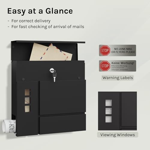 Woltu Briefkasten mit Zeitungsfach - Modernes Schwarz - 37 x 37 x 10,5 cm