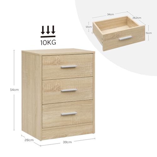 Woltu 2er-Set Nachttische mit 3 Schubladen – Helles Eiche – 39 x 54 x 28 cm