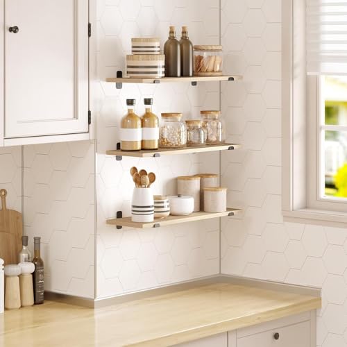 Eugad 3er-Set schwebende Wandregale im Retro-Stil - Schwarz und helles Holz - 60 x 20 x 7 cm