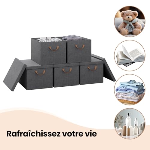 Woltu Faltbare Aufbewahrungsbox mit Deckel und Griffen, grau, 48 x 30 x 36 cm – 5er-Set