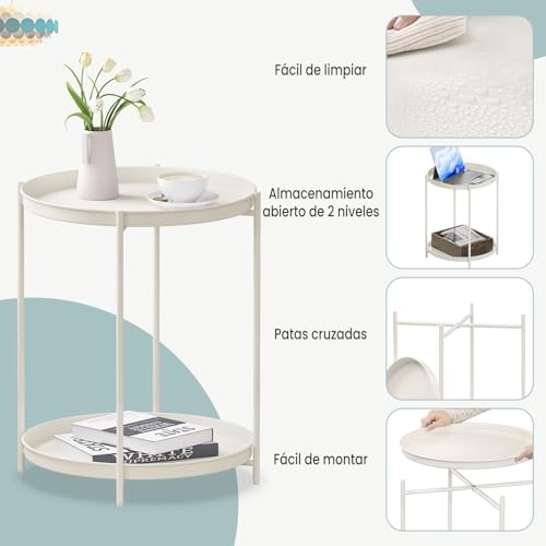 Woltu Runder Beistelltisch mit 2 herausnehmbaren Ablagen - Metall, Creme - Ø44 cm, Höhe 57 cm