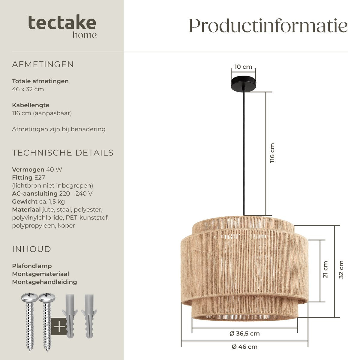tectake® Deckenleuchte Lignea Lux - Boho Pendelleuchte - Jute Natur - Ø46 x 32 cm - 40W