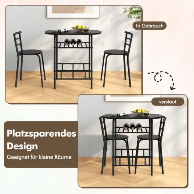 Coast Esstisch-Set Schwarz - 3-teiliges Bar-Tisch-Set mit 2 Stühlen und Weinregal - Tisch 80 x 53 x 77 cm