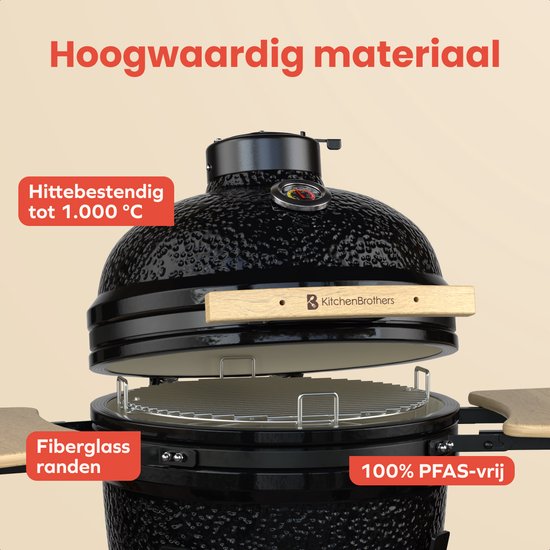 KitchenBrothers Kamado BBQ - 18 Zoll Holzkohlegrill - 38,5⌀ cm - Komplettset - Eiergrill mit Zubehör inklusive Abdeckung - Schwarz