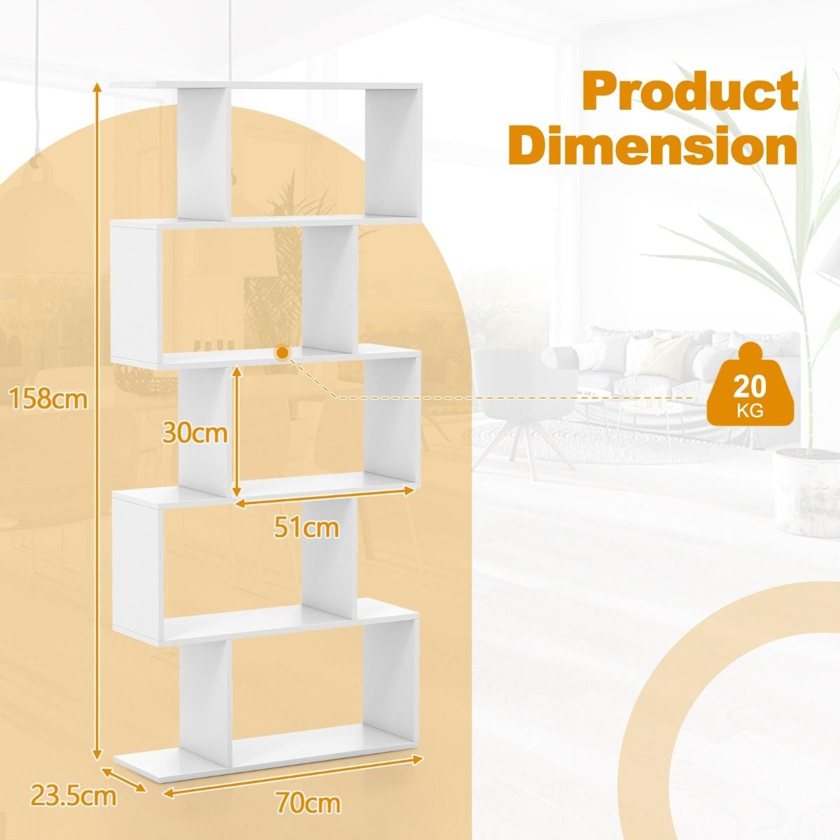 Coast 5-Schubladen-Bücherregal in S-Form - 70 x 23,5 x 158 cm - Weiß