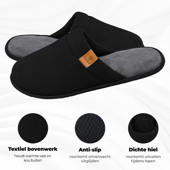 Hausschuhe Herren - Hausschuhe - Größe 40/41 - Schwarz - Cord - Rutschfest - Comfeet
