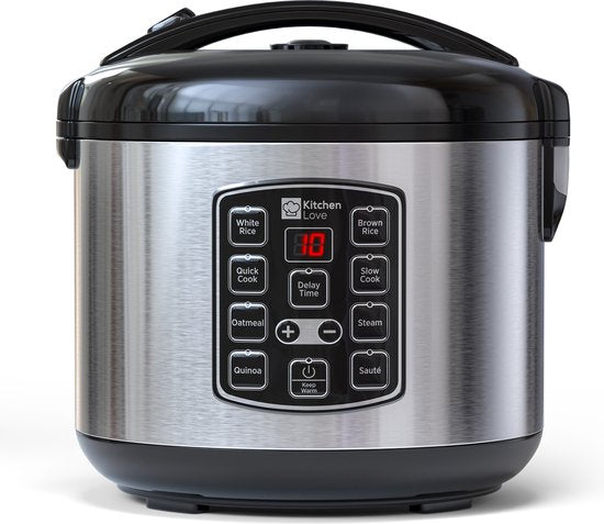 KitchenLove Reiskocher mit Dampfgarer - 1.8L - Aufwärmfunktion - 3 bis 8 Personen - Edelstahl -Schwarz