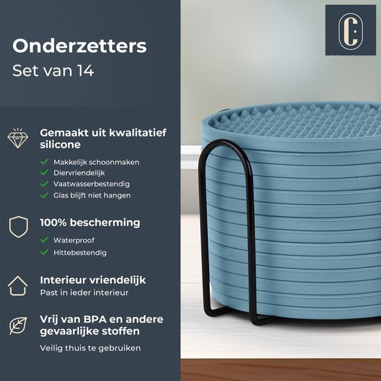 Castagnola Silikon-Untersetzer - Untersetzer für Gläser - Design-Untersetzer mit Halter - Untersetzer-Set - Anti-Rutsch - 14er-Set - Grün
