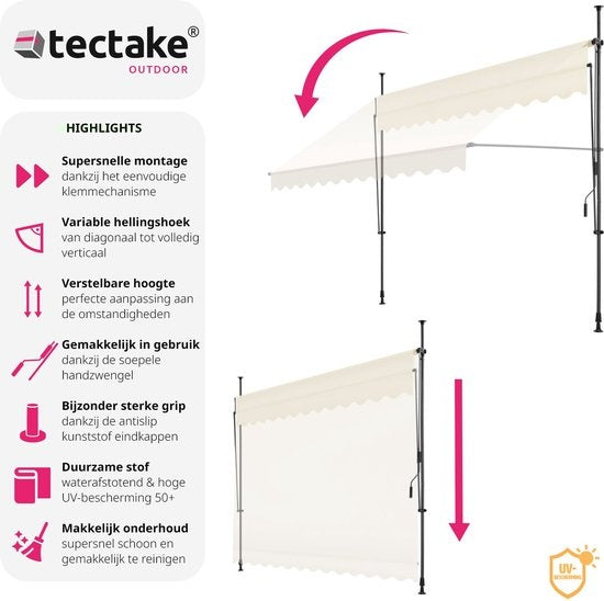 tectake - Klemmmarkise - Sonnenschirm - Markise - Verstellbar - Klemmmarkise - Sonnenschirm Balkon - 300 x 180 cm - beige - Markise - 404963