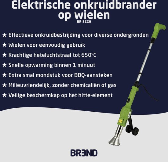 BREND BR-2229 Elektrischer Unkrautbrenner mit Rädern - Unkrautvernichter mit Hitze bis zu 650 °C - Mit Aufsatz für BBQ - Umweltfreundlich - Grün