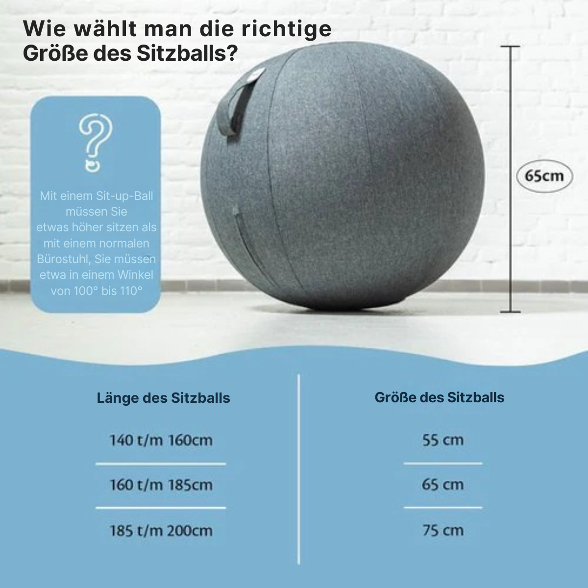Backerz® - Sitzball Büro und Zuhause 65 CM - Luxus-Yoga-Ball - Sitzball mit Hülse - Ergonomischer Bürostuhl-Ball - Leinen Dunkelgrau