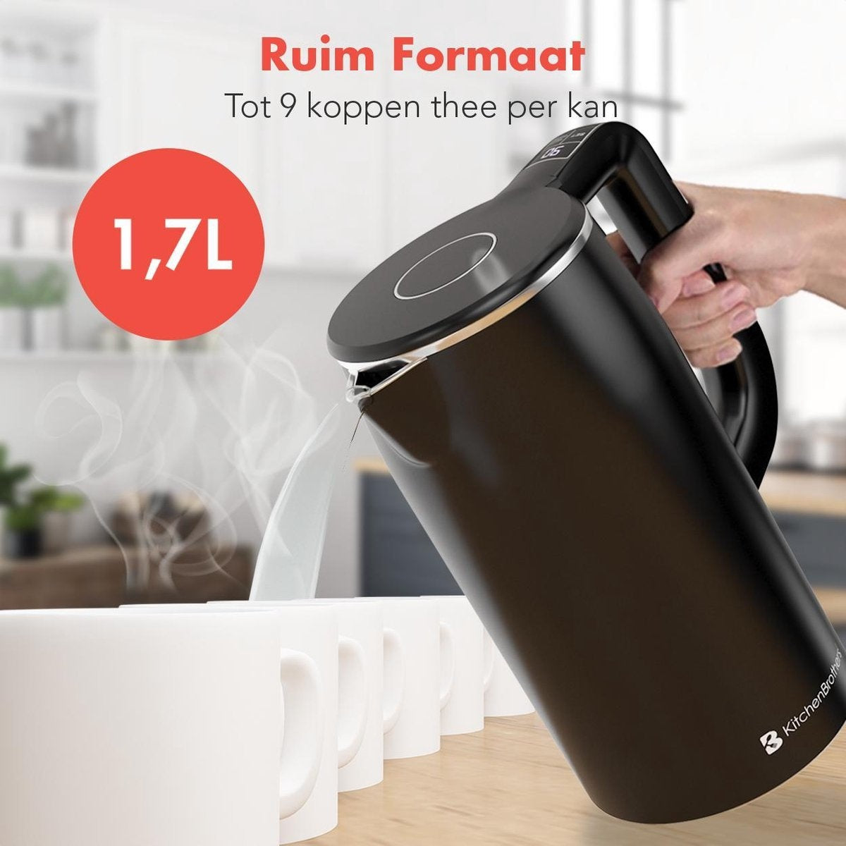 KitchenBrothers Elektrischer Wasserkocher - 1.7L - Temperaturregelung - 1800W - Edelstahl - Schwarz
