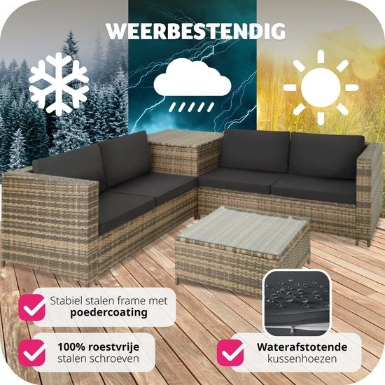 Tectake - Wicker Lounge Set Siena (4 Personen) - Modular, Aufbewahrungsbox, extra dicke Kissen, UV- und wetterbeständig, Stahlrahmen - Natur/Dunkelgrau