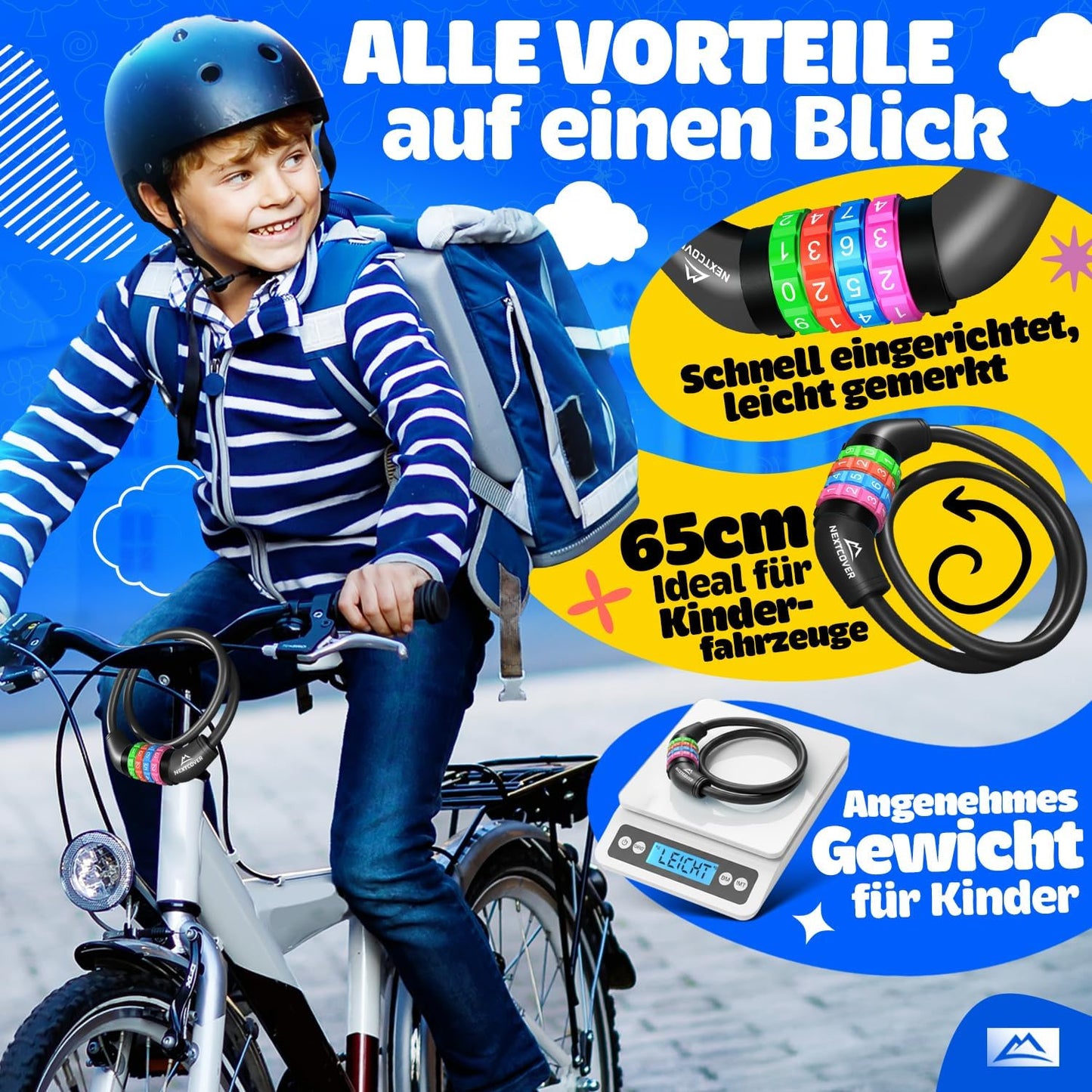 NEXTCOVER® Kinderfahrradschloss - 4-stelliger Zahlencode - Zahlenschloss Fahrrad mit bunten Zahlen - Scooterschloss Extra robust & sicher - Schwarz