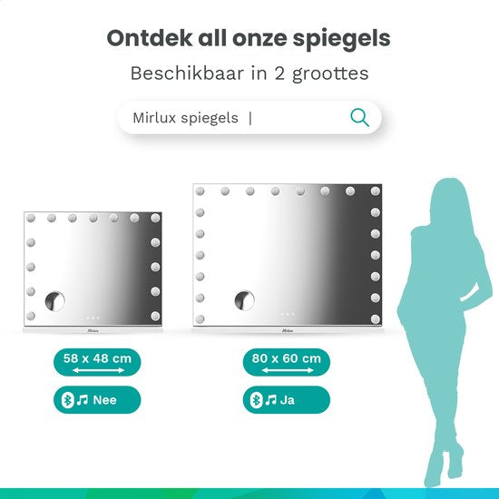 Mirlux Large Hollywood Mirror - 80x60CM - 2 Bluetooth-Lautsprecher - USB & USB-C Ladeanschlüsse - LED-Beleuchtung - Schminkspiegel - 10x Zoom - Aufhängbar - Weiß