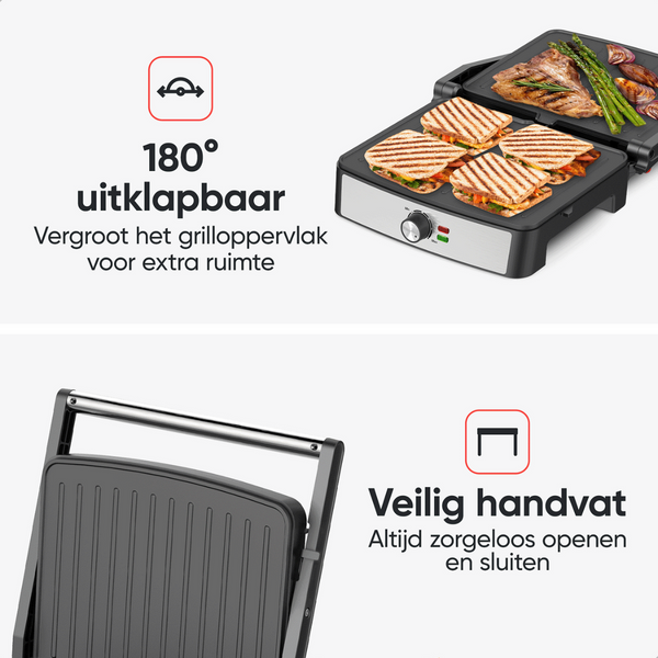 Kitchenwell - Kontakt Grill - KN381 - Sandwichmaker - Aluminium - Silber/Schwarz