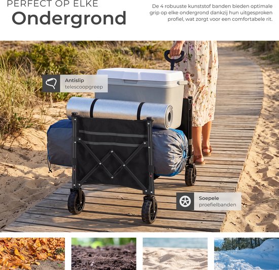 tectake® Handwagen – Zusammenklappbar – 60 kg Tragkraft – Schwenkbare Massivräder – 47 x 83 x 90 cm - Handkarren – Transportwagen – Mit verstellbarer Schiebestange – Handkarren – Wasserabweisender Transportwagen – Mit Ablagebrett und Innenfach