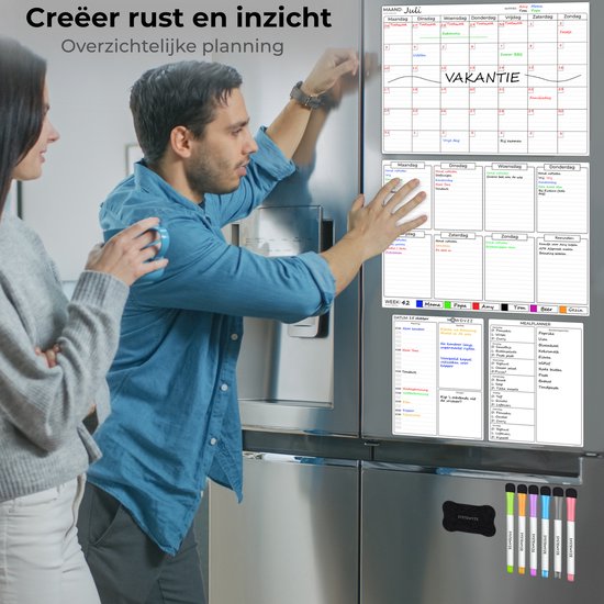 Systemyze Monats- und Wochenplaner Whiteboard Set - Magnetische Planungstafel - Magnetischer Monatsplaner - Inklusive Tages- und Essensplaner, Marker und Radiergummi - Größe A3