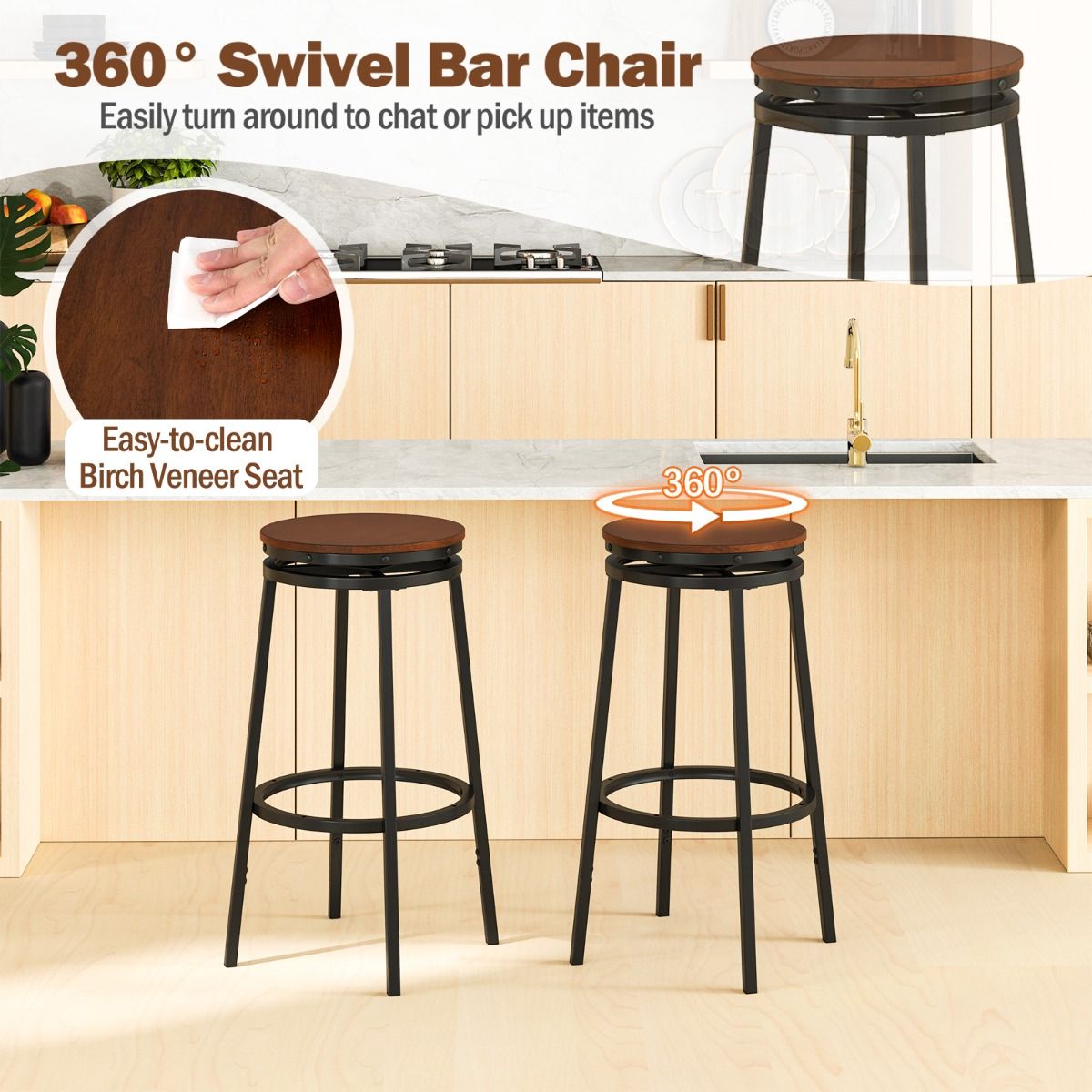 Coast Barhocker, 2er-Set – höhenverstellbar – um 360° drehbar – rustikales Braun und Schwarz