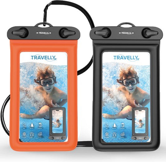 Travelly ® - Wasserdichte Handytasche 2er Set - Universelle Unterwassertasche für Smartphone - Geeignet für alle Handys - Drybag - Für Urlaub, Schwimmen & Wassersport - Schwarz/Orange