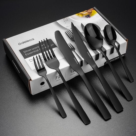 Deleca 12 Personen Besteck-Set Essential (72 Teile) - Löffel, Messer, Gabeln, Steakmesser & Kuchengabeln - Spülmaschinenfestes Besteck - Glänzend Schwarz / Edelstahl
