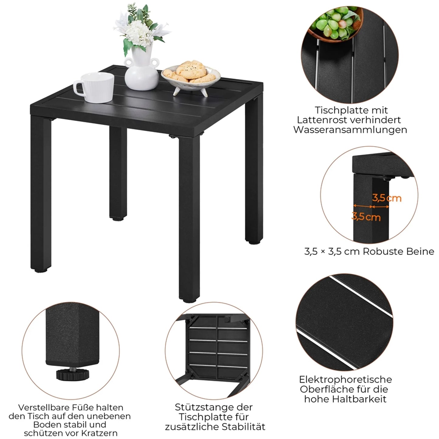 Yaheetech Outdoor Beistelltisch Quadratisch - Ausgestattet mit Latten-Tischplatte und elektrophoretische Pulverbeschichtung und Support Bar - Für Garten Balkon und Terrasse - Schwarzes Metall - 45 x 45 x 45,5 cm