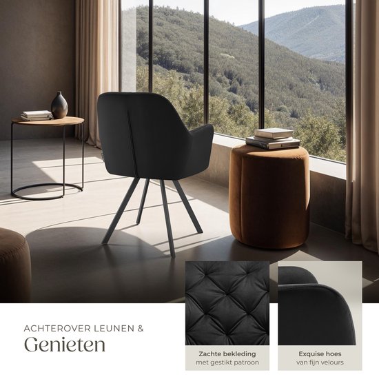 tectake - Drehstuhl in Samtoptik - Esszimmerstuhl mit Armlehnen - Ergonomischer Sitz und Rückenlehne - 180-Grad-Drehung - Moderner Stuhl mit Stahlbeinen - Verschiedene Farben - Schwarz
