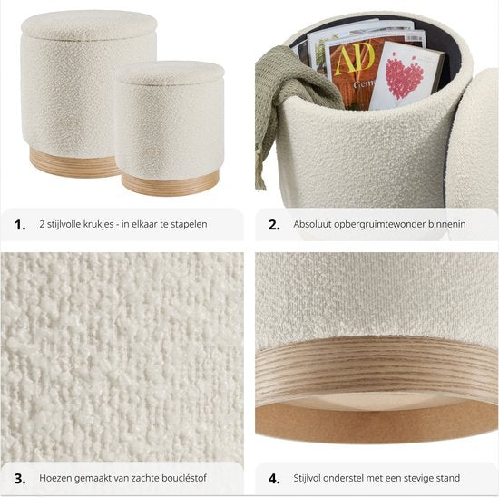 tectake® - 2er-Set Hocker mit Ablage - Bouclé-Teddy-Stoff - Scandi - Polsterhocker rund - Für Schminktisch, Schlafzimmer, Wohnzimmer - 2 Größen (38 und 32cm)
