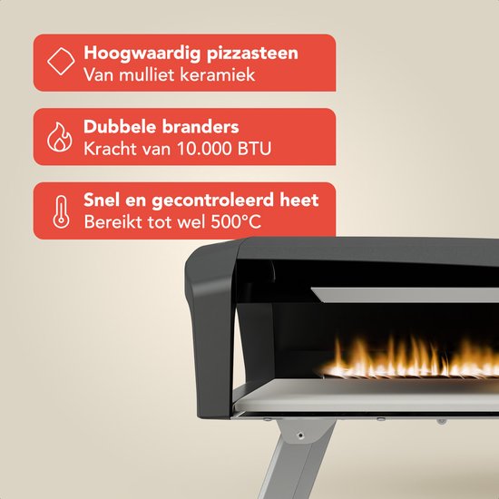 KitchenBrothers Pizzaofen - Gas - Tischplatte - faltbar - Pizzastein - Doppelbrenner - Outdoor-Pizzaofen - schwarz/grau - Vatertagsgeschenk