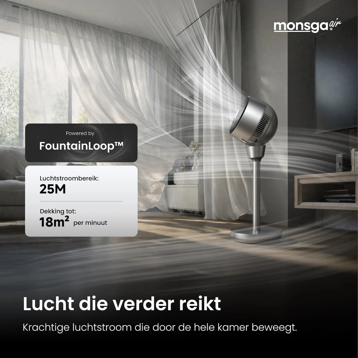 MonsgaAir AC300 Leiser Standventilator – 76 cm – 120° + 90° 3D-Oszillation – 5 Geschwindigkeitsstufen – 25 dB