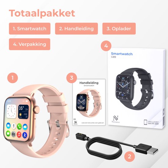 Nuvance - Smartwatch Männer & Frauen mit Bluetooth - 45mm - Geeignet für alle Smartphones - Schrittzähler und Herzfrequenzmesser - Wasserdicht - Hellrosa