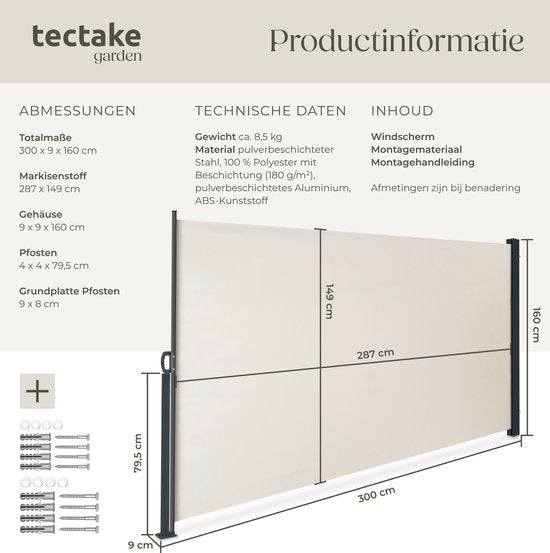 tectake® Ausziehbarer Windschutz mit Aufrollmechanismus – 300 x 160 cm – Seitenmarkise mit Aluminiumrahmen – Sonnenschutz – Gartenschutz – Beigefarbene Balkonmarkise – Undurchsichtiger Sichtschutz – Markisentuch