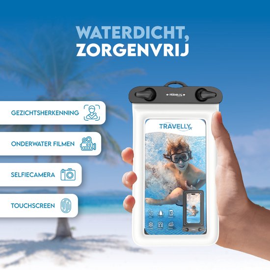 Travelly® Wasserdichte Handytasche 2er Set - Universelle Unterwassertasche für Smartphone - Geeignet für alle Handys - Drybag - Für Urlaub, Schwimmen & Wassersport - Transparent/Weiß