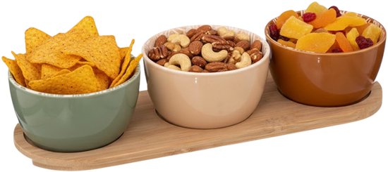 Secret de gourmet Servierbrett für Häppchen / Nüsse – 3 Schälchen – Tapas- und Saucenschälchen – Farbmischung – Häppchen-Platte