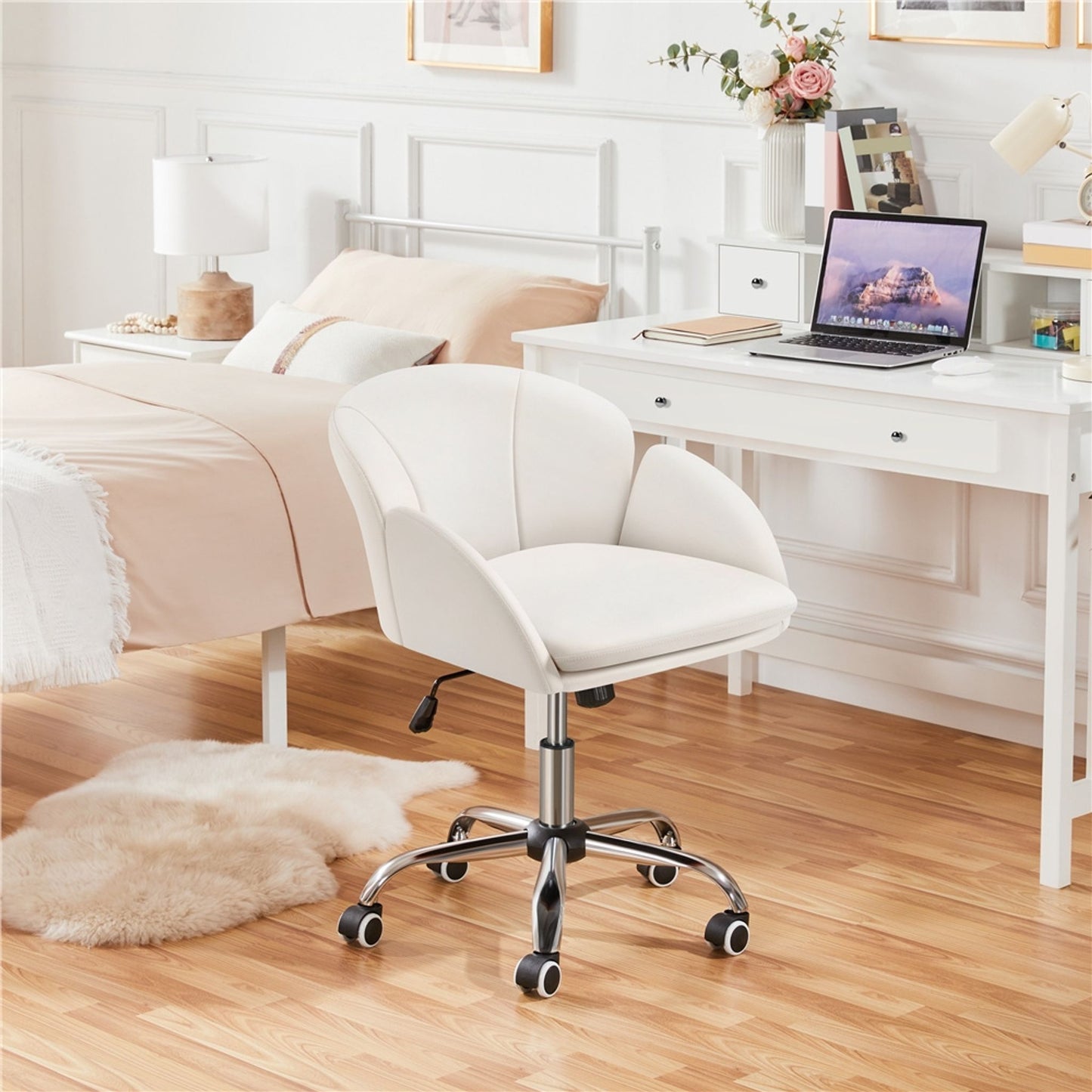Yaheetech Bürostuhl, Drehstuhl mit Rollen – höhenverstellbar – Kunstleder – Belastbarkeit bis 136 kg – 60 x 61 x 72–81,5 cm – Weiß