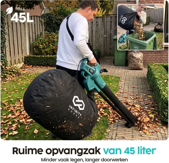 Infinity Goods Elektrischer Laubbläser und -sauger – 3500 W – Häckselfunktion – 45-Liter-Auffangbeutel – mit Kabel – 280 km/h Luftgeschwindigkeit