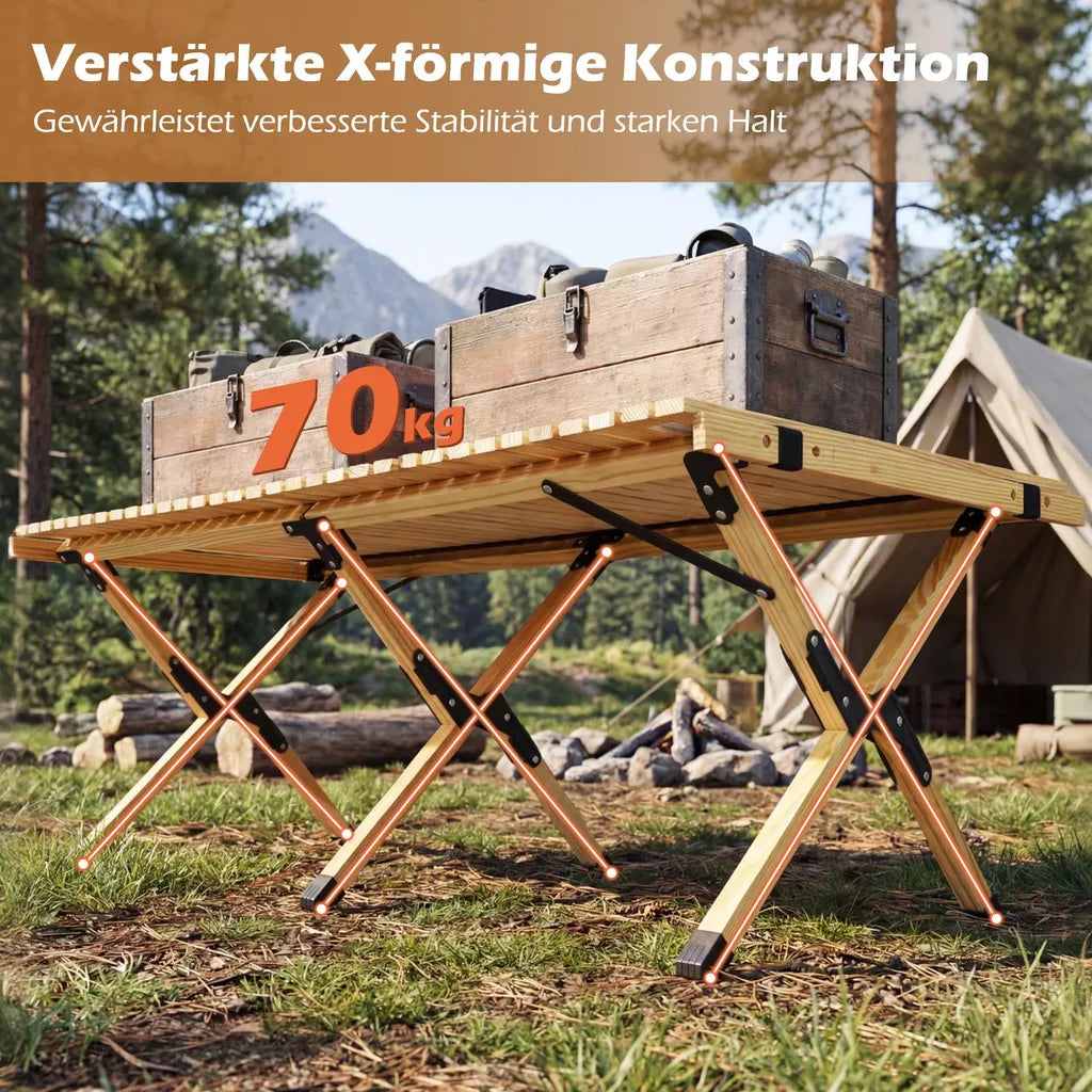 Coast Klappbarer Campingtisch 122 × 60 × 45 cm – Picknicktisch aus Holz für 4–6 Personen mit aufrollbarer Tischplatte und Tragetasche – Naturfarben