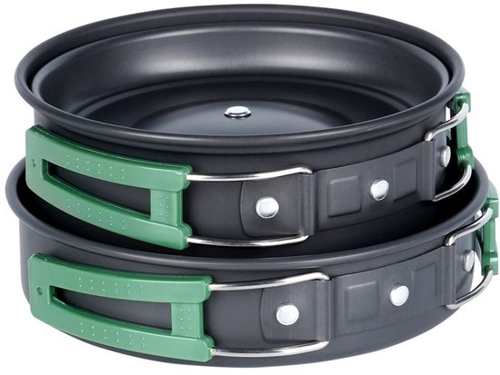 Redcliffs Outdoor Camping-Kochgeschirrset – 2-teilig – Aluminium/Edelstahl – schwarz/grün – Camping