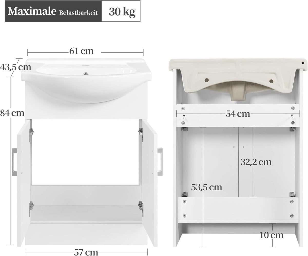Yaheetech Badezimmerschrank mit Waschbecken – Weiß Hochglanz – 61 x 43,5 x 84 cm – Freistehend, Keramik-Waschbecken