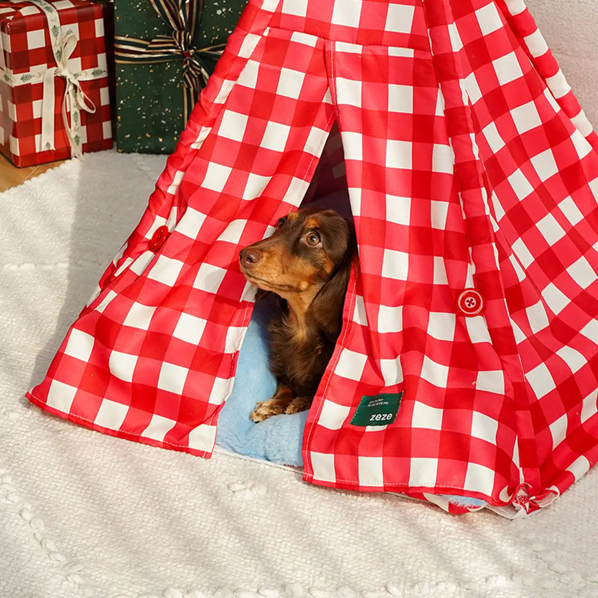 zeze Haustierzelt mit Weihnachtsmütze – rot-weiß kariert – 60 × 60 × 78 cm