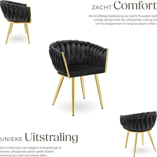 tectake® - 2er Set Esszimmerstühle aus Samt - Schalensessel mit Armlehne - Knopfoptik - 60,5 x 55 x 75 cm - Schwarz/Gold