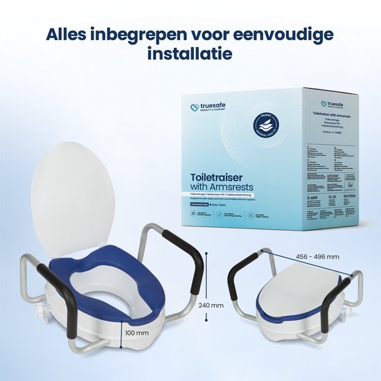 Truesafe Toilettensitzerhöhung 10 cm – Universalgröße – Mit Armlehne und Deckel – Erhöhter Toilettensitz – Ergonomisches Sitzkissen – Sitzerhöhung für Erwachsene und Senioren