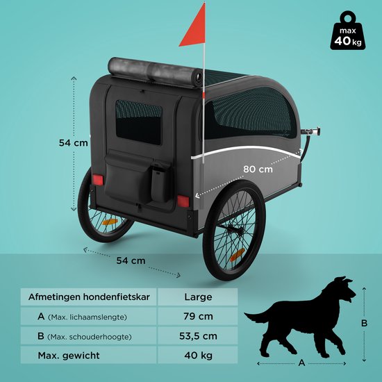 Trevopet® Hundefahrradanhänger - Faltbarer Fahrradanhänger Hund - Hundeanhänger - Geeignet für E-Bikes - Bis zu 40 kg - Für mittlere & große Hunde - Schwarz